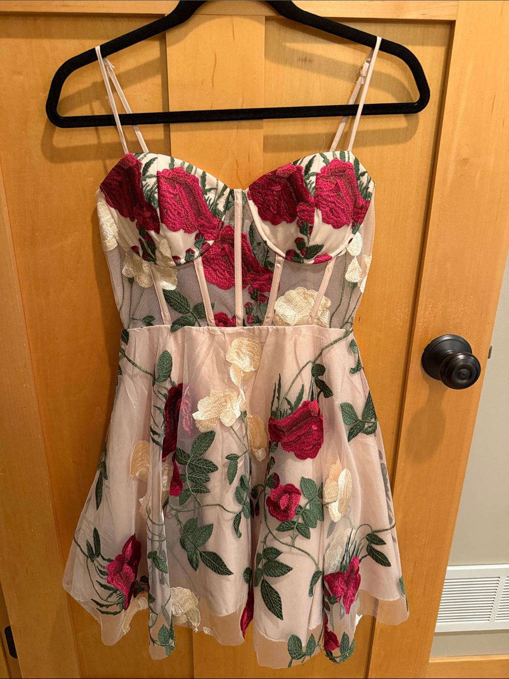 Windsor Blush Mini Dress with Red & Cream Floral Embroidery